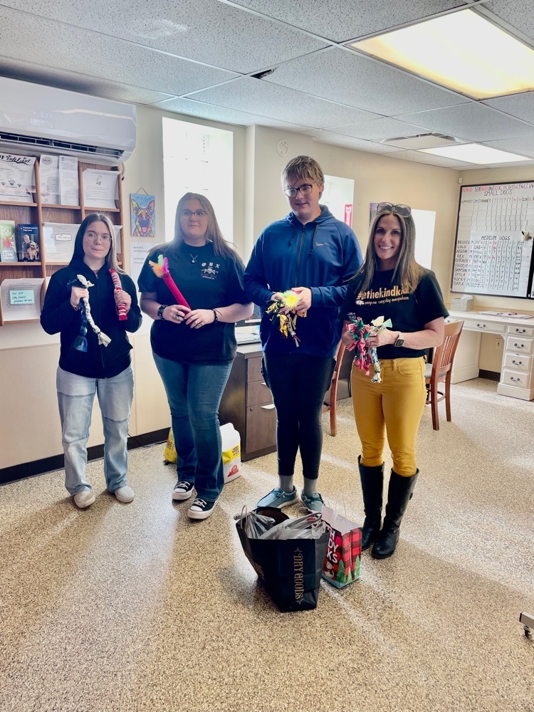 Aubrey, Chloe, Colby, and Sponsor Mrs. Furlong delivering homemade dog/cat toys and monetary donation to Fayette Friends of Animals 